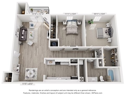 Floor plan for 2 beds, 1 bath, 1148 sqft
